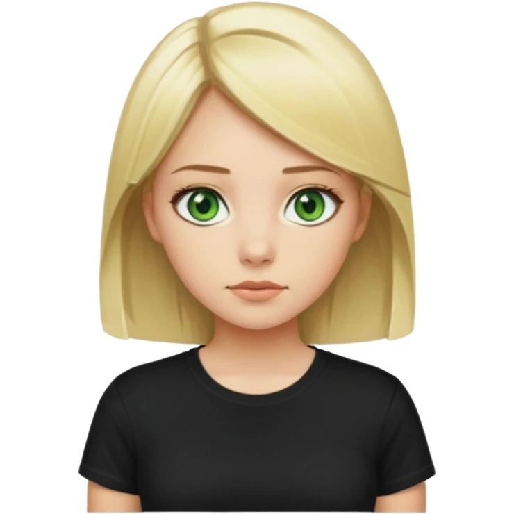 Girl with green eyes, blonde with straight medium length hair, and front buckles to the chin, in a black skims t-shirt emoji