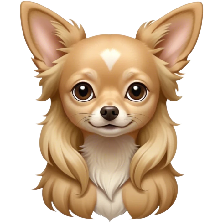Cinematic Noble Long Haired Fawn Chihuahua Portrait Emoji, Poised and regal, with a delicate, refined build and a flowing, well-groomed long fawn coat, deep-set soulful dark eyes, Simplified yet sharp and sophisticated features, highly detailed, glowing with a soft, dignified glow, high shine, intelligent and loyal, stylized with an air of elegance, focused and attentive, soft glowing outline, capturing the essence of a watchful and confident guardian, so majestic it feels as though it could step out of the screen with effortless authority! emoji