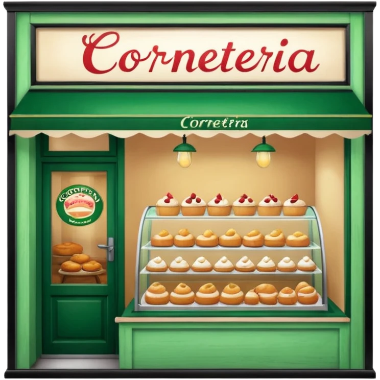 The image shows the front window of a bakery named "Cornetteria". The window is framed by a green wooden frame and has a sign above it that reads "CORNETTERIA".  emoji