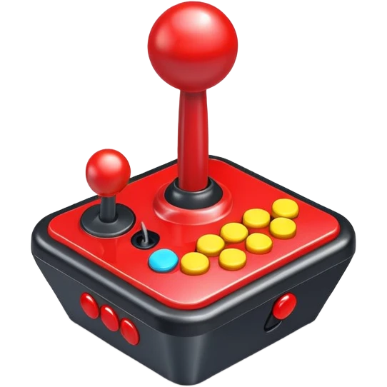 A colorful arcade joystick with red stick and buttons emoji