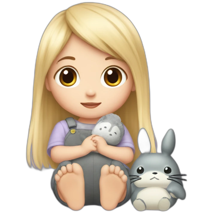 bébé fille blonde décoiffée avec une peluche Totoro  emoji