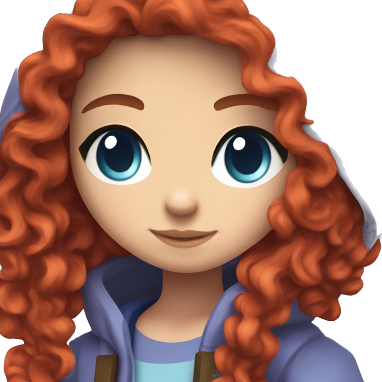 a white girl with long red curly hair, wearing periwinkle Minecraft hoodie playing a videogame emoji