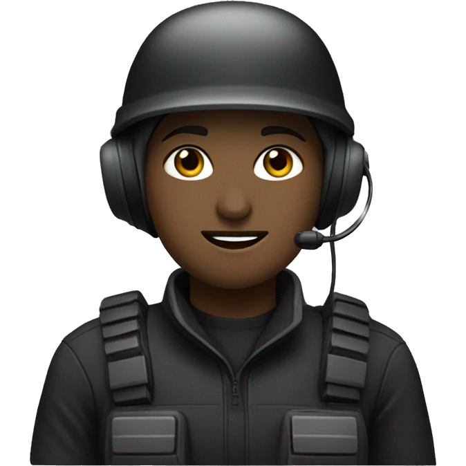 operator dressed in black with a milatary helmet, without glasses, wearing a headset, ready to respond to alerts, preferably female emoji