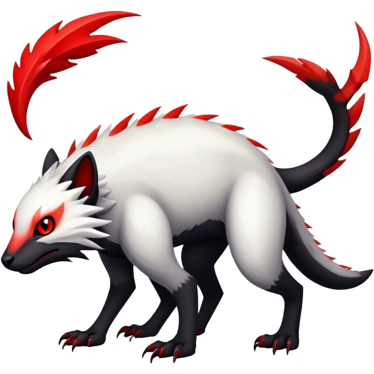 a white exotic edgy vernid-fionbr-Fakémon-creature, with black belly and red eyes, full body emoji