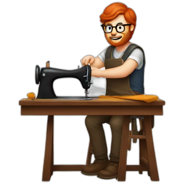 Red smooth haired man with beard and glasses sewing a saddle by hand emoji