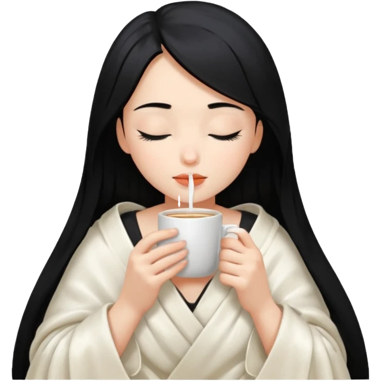 black hair girl long hair inside a white milky satin blanket sipping coffee eyes closed emoji