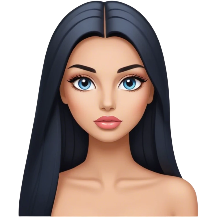 Glamours, tanned, very beautiful girl, with big pump peach-beige-rose lips, long long lashes, black straight smooth silky long hair, straight parting hair, blue-grey eyes emoji