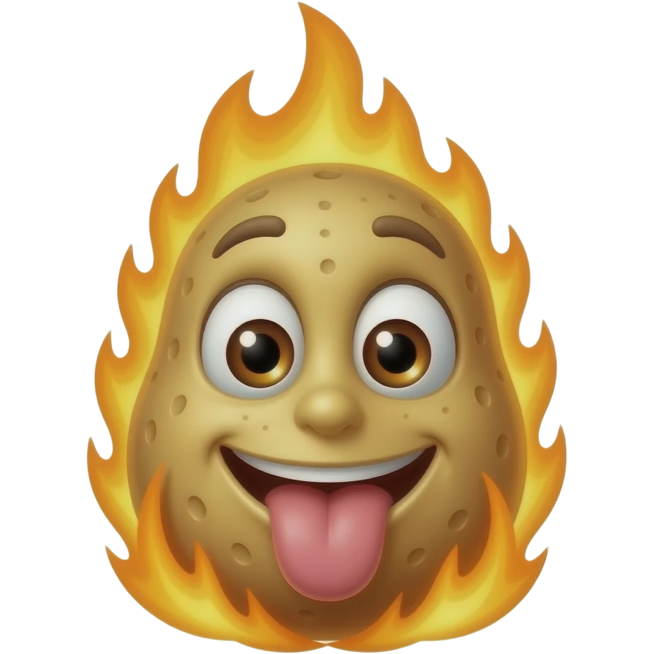 A potato on fire with a realistic face and tounge sticking out and realistic eyes emoji