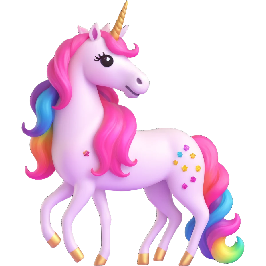 licorne entièrement pailletée, corps rose pailleté, crinière arc-en-ciel pailletée, corne unique arc-en-ciel pailletée, style 3D emoji microsoft emoji