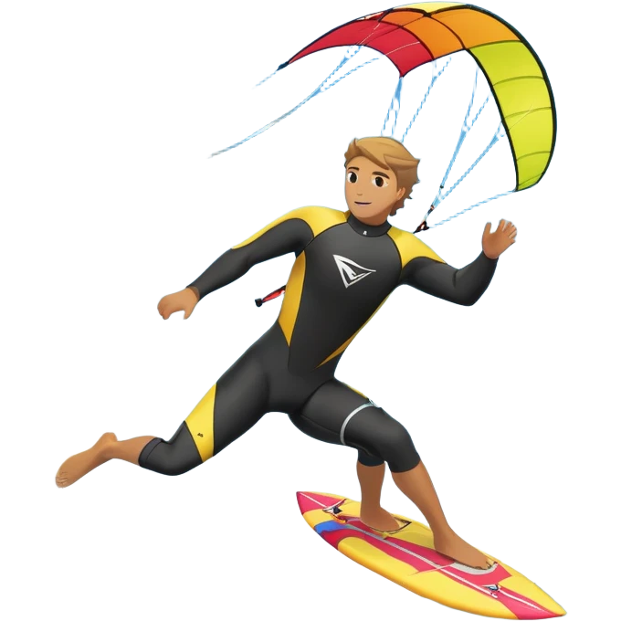 A kite surfer soaring above the waves, holding onto a kite with the wind in full force. The background showcases the ocean and sky, emphasizing the freedom, thrill, and energy of the sport. The motion of the kite and board is dynamic, capturing the excitement of kiting. emoji