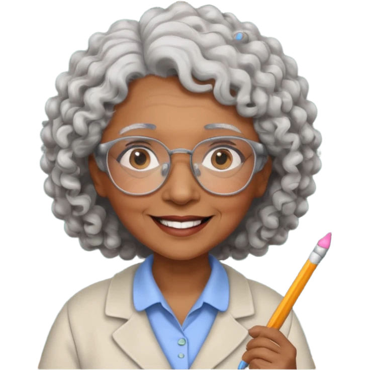 old woman teacher, brown skin, curly grey white hai, wearing glasses, hold chalk on hand emoji