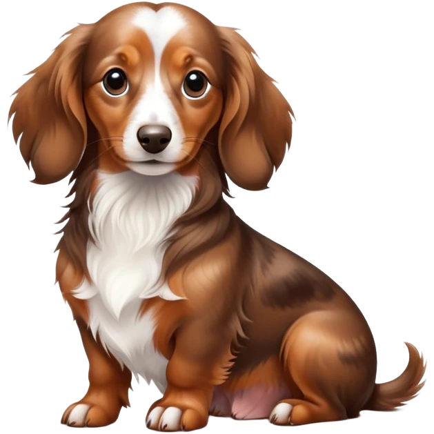 Spotted brown and white long haired dachshund sitting emoji