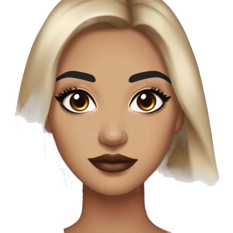 Maddy Perez: warm brown eyes, bold black eyeliner, dark arched brows, full nude-berry lips, bronzed skin, high cheekbones, sleek dark brown long hair in waves/ponytail, rhinestones.

 emoji