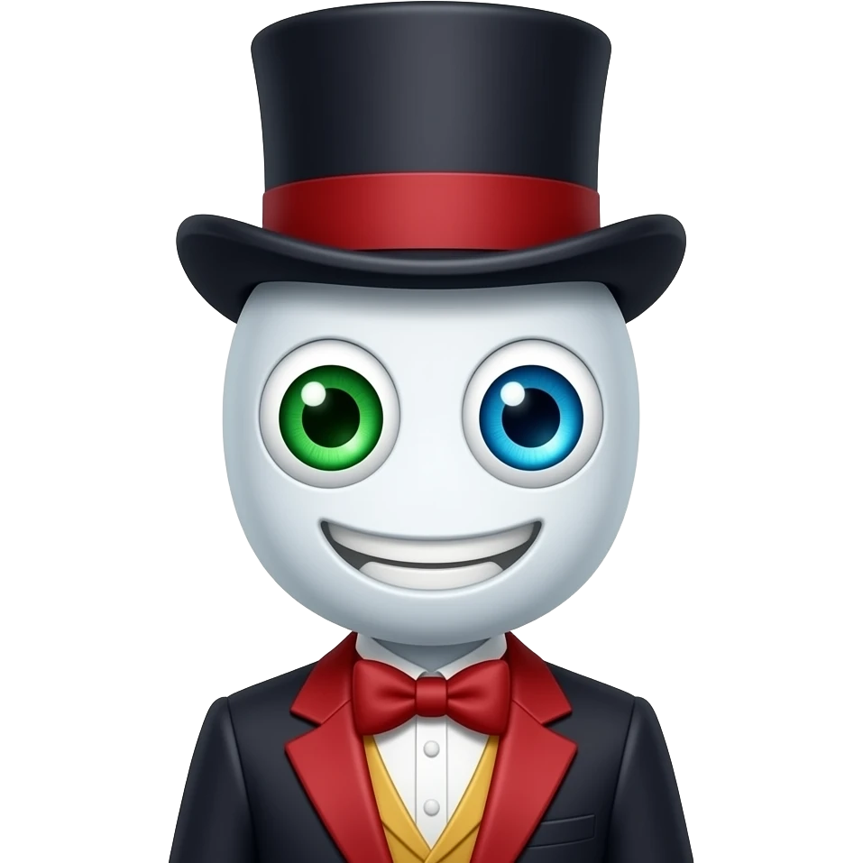 make dentures with 2 floating eyes in the middle one is green one is blue make him have a ringmaster suit and wear a tophat emoji