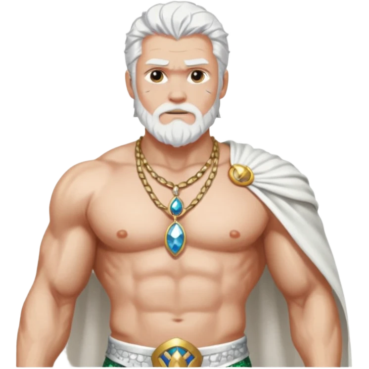 Odin with white hair, white sequin loincloth, shirtless with necklace emoji