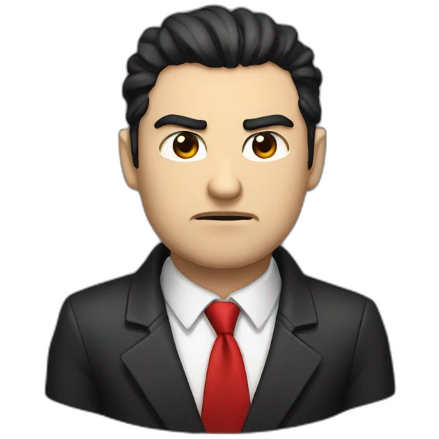 Boss, white skin, black hair, brown eyes, black jacket with red tie. angry emoji