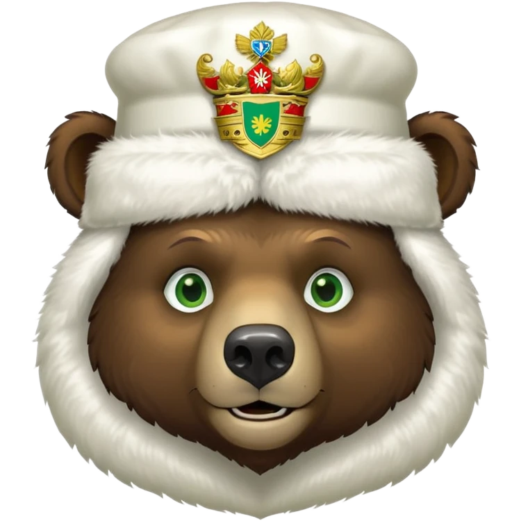 Dark brown grizzly bear face with green eyes, wearing a white fur hat with golden Russian coat of arms in the middle emoji