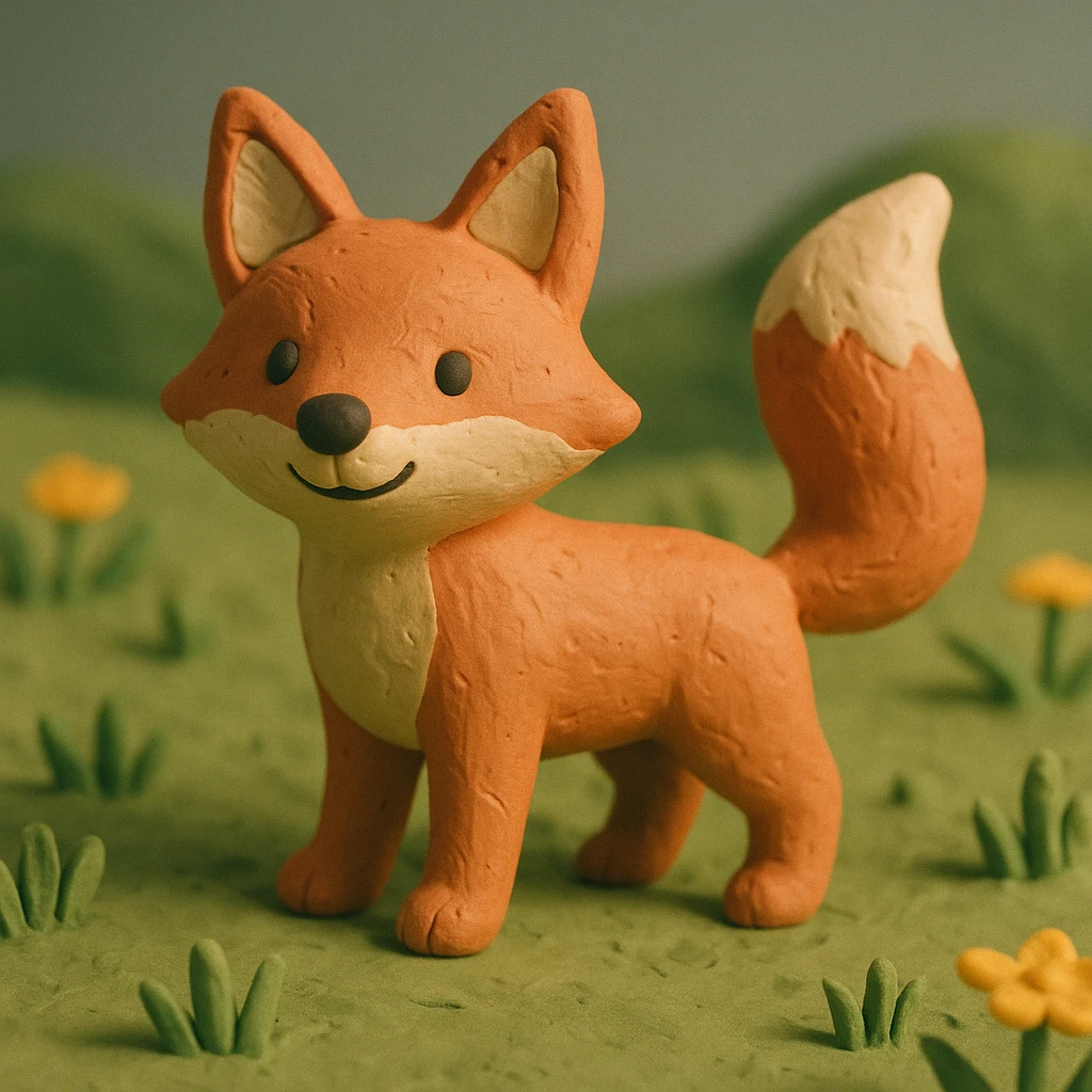 fox with a bushy tail, standing alert, cheerful and cute, in a grassy meadow, claymation style emoji