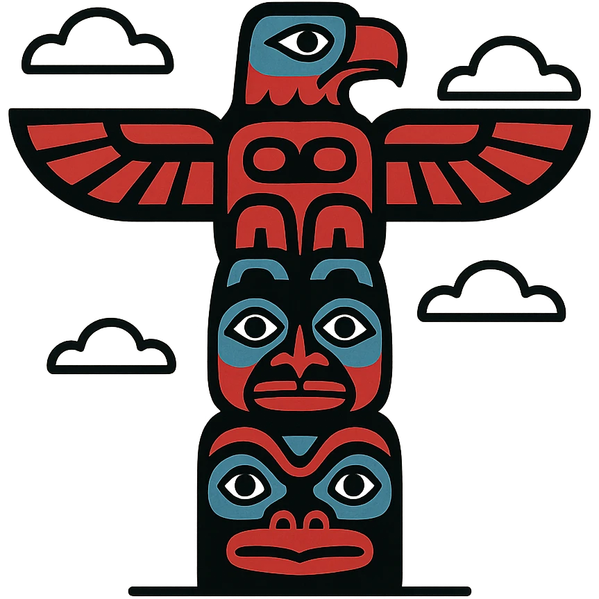minimalist logo for Totemism inspired by traditional totem poles, stylized eagle and stacked animal shapes, geometric lines and bold tribal patterns in red black white and blue, simple modern design suitable for branding honoring indigenous heritage emoji