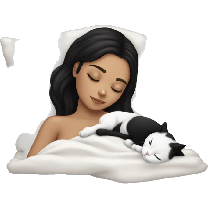 White girl with black hair sleeping with white cat emoji