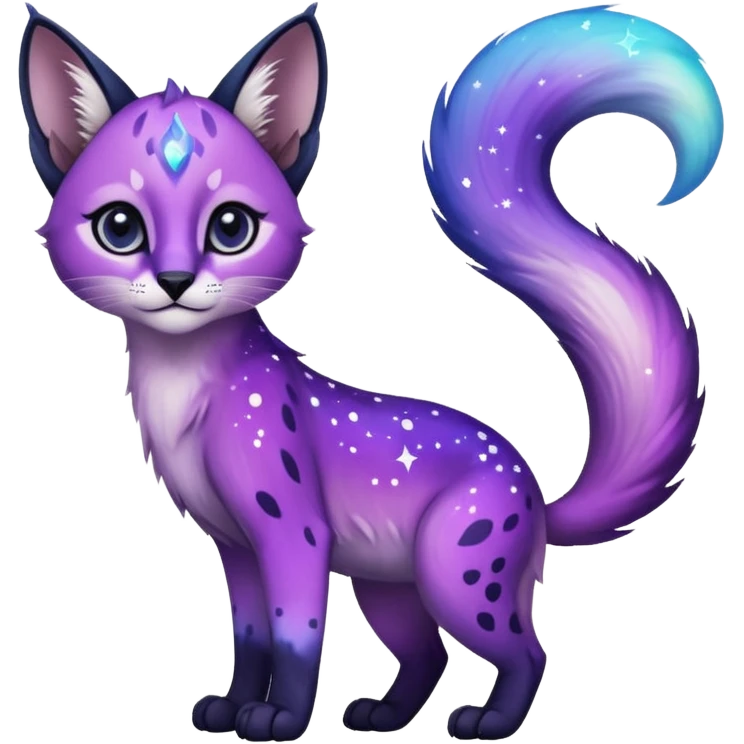 Colorful black-violet-indigo-purple-gradients nebulae nebula starry galactical shiny white-stars-spotted glorious iridescent divine exotic cute cool beautiful realistic caracal-civet-sergal-oncilla-animal-Fakémon-hybrid-fursona (full body) emoji