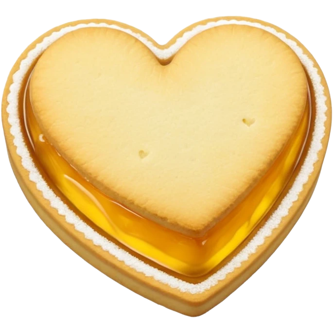 Realistic shortbread cookie in the shape of a heart with yellow pastel jelly middle filling and sprinkled powder sugar on top. emoji