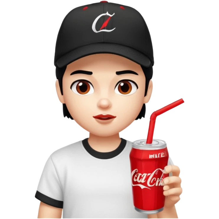 generate a pretty bratz boy with a nike black baseball cap, a white tshirt and drinking coke , black hair emoji