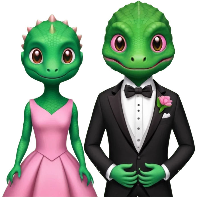 Lizard wears a cute pink dress with her lizard man wears tux emoji