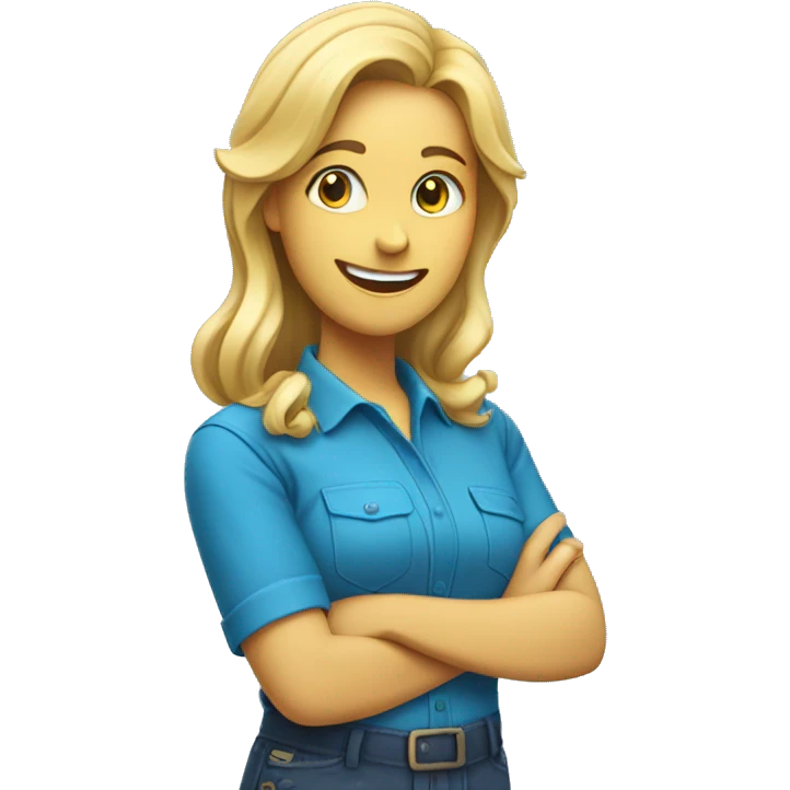 happy Female with blonde hair standing sideways wearing a bright blue shirt holding a screwdriver in hand emoji