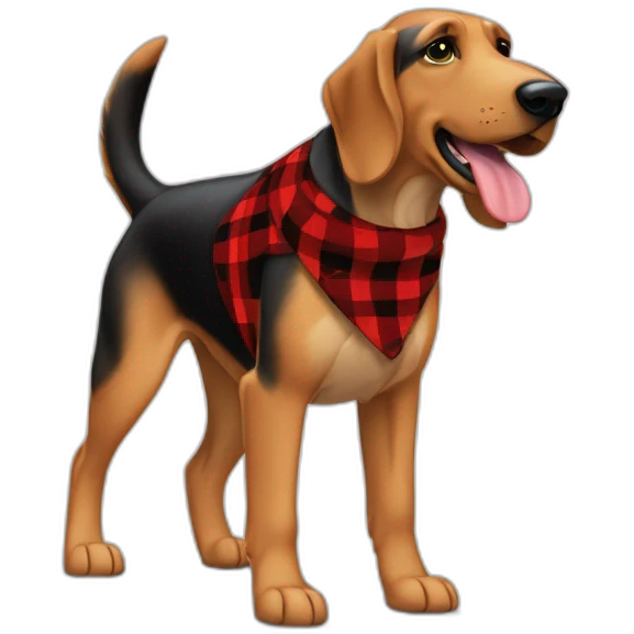 adult 75% Coonhound 25% German Shepherd mix dog with visible tail wearing small pointed red buffalo plaid bandana full body walking left quickly emoji