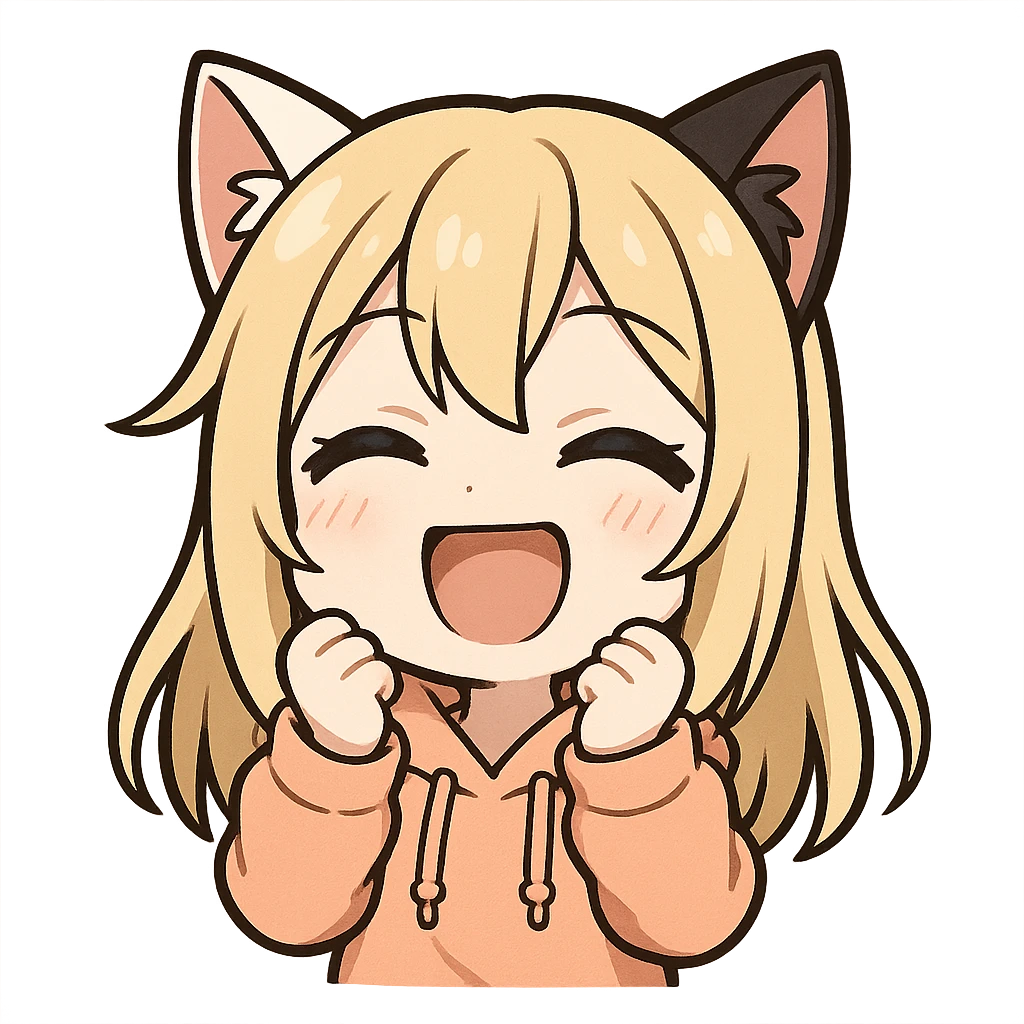 chibi anime catgirl with one white cat ear and one black cat ear, longer blonde hair, blue eyes, white skin, peach colored hoodie, cute, laughing expression, twitch emote style, no background emoji