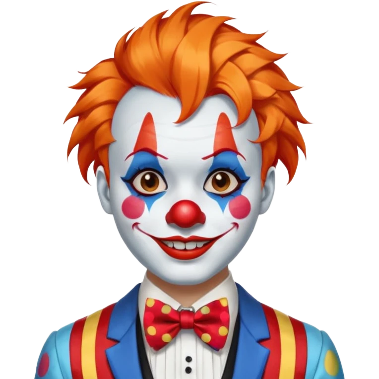 Orange hair styled in upward tufts.

White face paint, red nose, red lips, and thin black eyebrows.

Wearing a colorful patchwork clown suit with a big blue bow tie.

Happy, cheerful smile. emoji