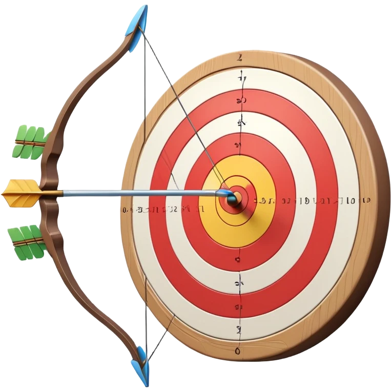 A bow with an arrow drawn back, aimed at a target with concentric rings. The background suggests a calm, outdoor archery range, emphasizing the precision, focus, and skill required in archery as a competitive sport. emoji