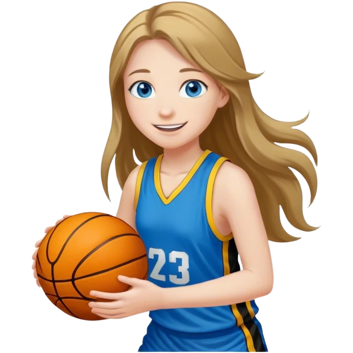 smiling girl with blue eyes and long hair playing basketball with black and yellow jersey emoji