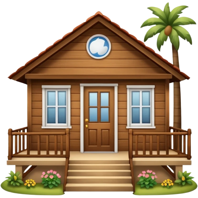 A wooden house typical of Puerto Rican rural neighborhoods, with a simple and cozy design featuring a central functional door, two symmetrical windows, a front porch with open railings, and space for a rocking chair. Emoji style, brown and wooden. emoji