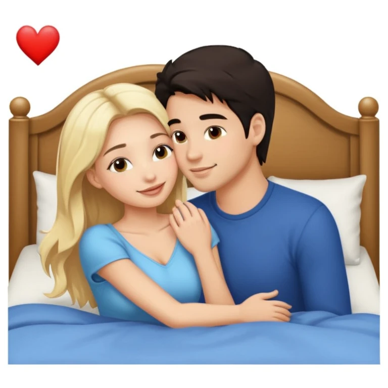 Naked man, dark Hair, kissing naked blonde Woman, bed,  emoji