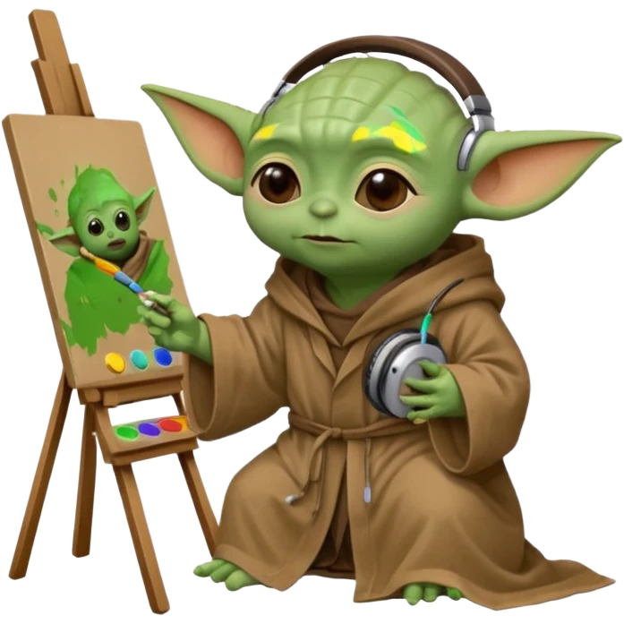 Baby Yoda in his brown robe listening music on his headphones, painting a picture on an easel and surrounded by paint pots. emoji
