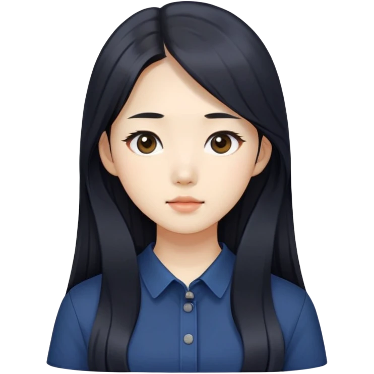 beautician, pretty korean girl with black long hair wearing navy shirts, long face emoji