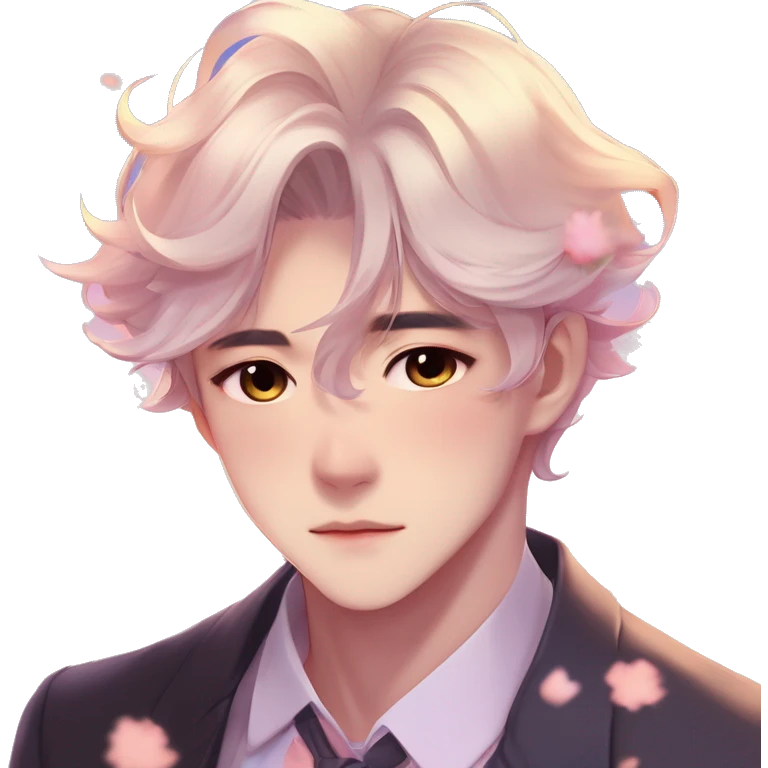 Gorgeous romantic anime style Asian formal modern gentlemanly guy with pretty hair and flower petals and blushing face aesthetic trending style outside with colorful gradient colors  pastelcore cottagecore kawaiicore emoji
