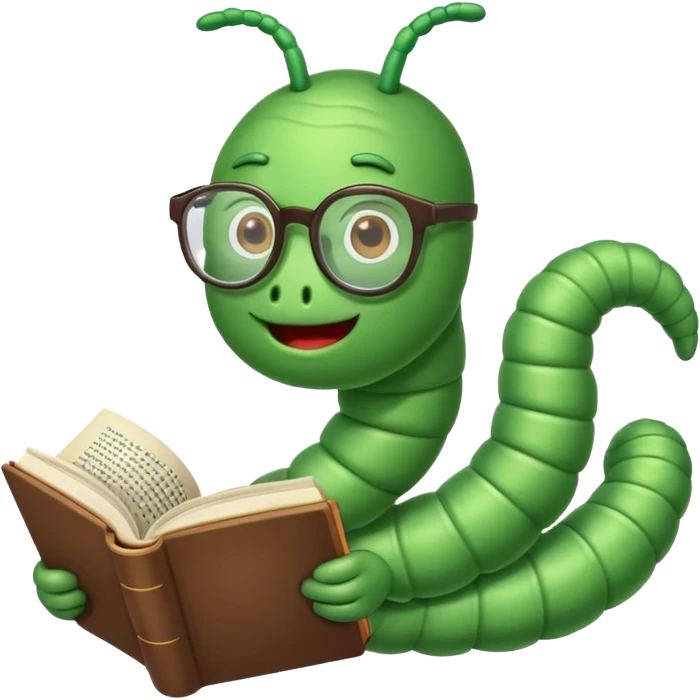 green Worm with glasses reading book emoji