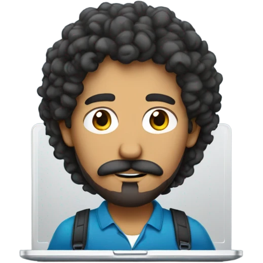 no glasses, Mexican school IT technician with apple laptop and with curly hair and mustache and beard  emoji