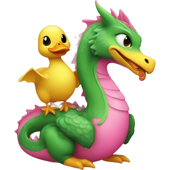 pink and green colored dragon with a baby duck  emoji