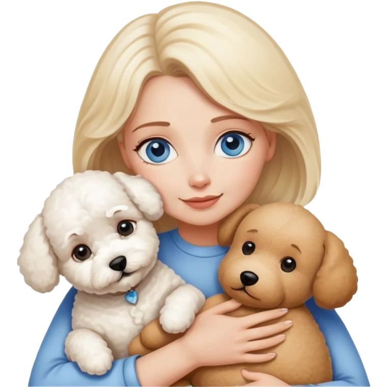 Blonde blue-eyed mother hugs two dogs, a Bichon Frise and a Teddy emoji