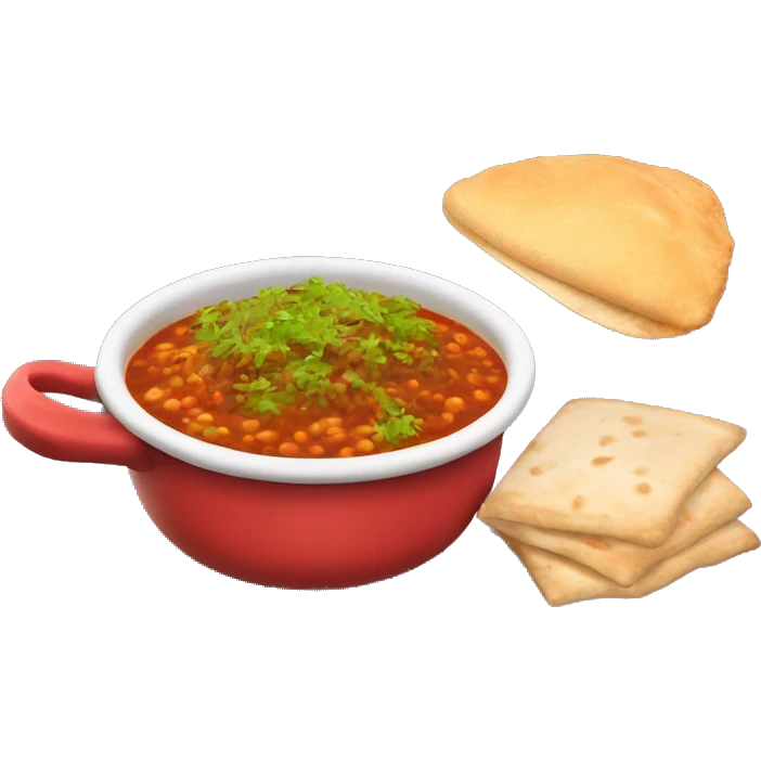 A red gravy containing sprouts called misal with 2 bread and a papad emoji