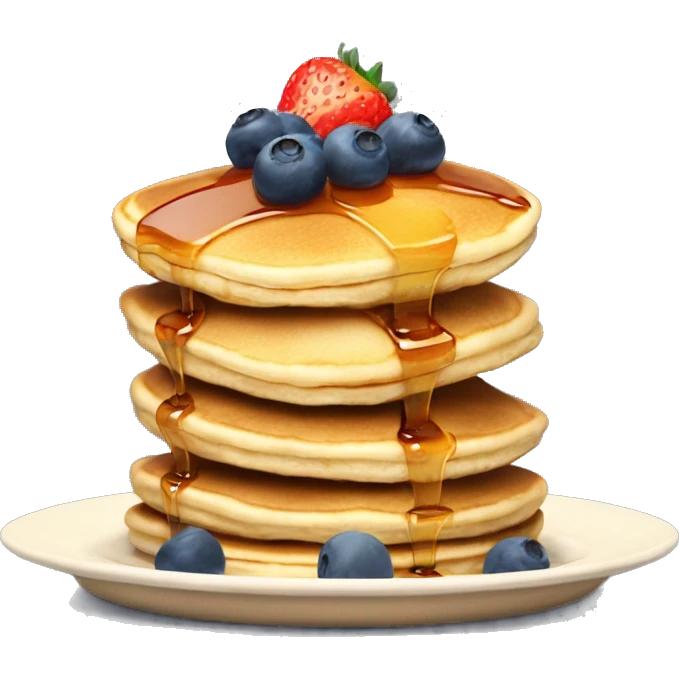 a stack of pancakes on a plate with syrup snd a small slice of butter on top and on the plate leaning on the pancakes have a half of a strawberry and 2 blueberries emoji