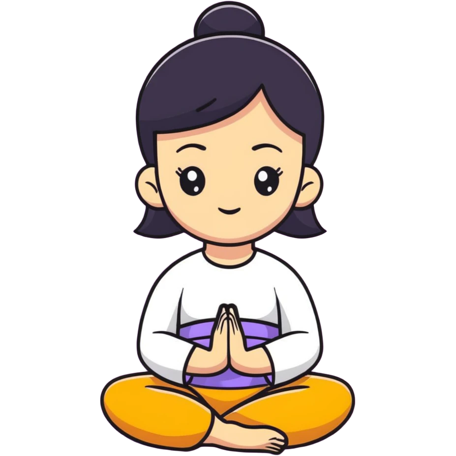White girl with black hair in meditation pose, peaceful self care wellness moment emoji