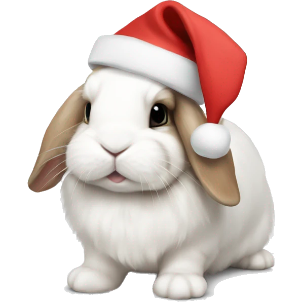 White mini lop in a Christmas hat emoji