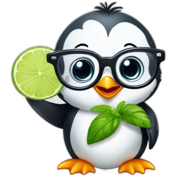 baby penguin with big glasses drinking mojito emoji