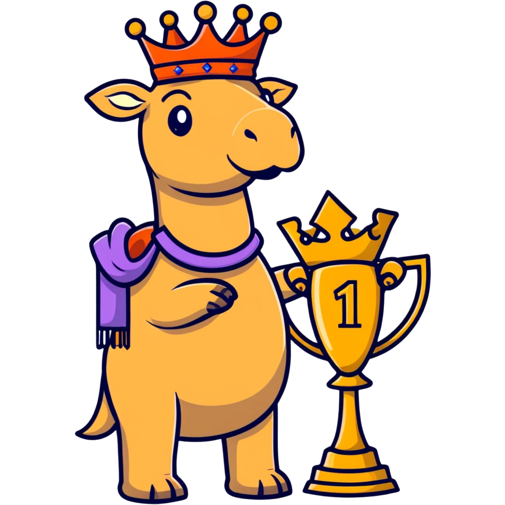 dromedary with a crown on its head and a trophy with #1 on it emoji
