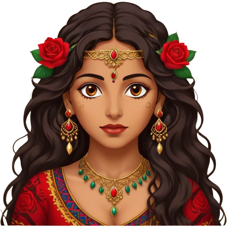 A beautiful Romani woman with deep, expressive eyes and long, wavy dark hair. She wears a vibrant, traditional outfit with intricate patterns and golden jewelry. A red rose is tucked behind her ear, adding a touch of elegance. Her expression is confident and mysterious, as she stands under the warm glow of lanterns, evoking a sense of freedom and passion emoji